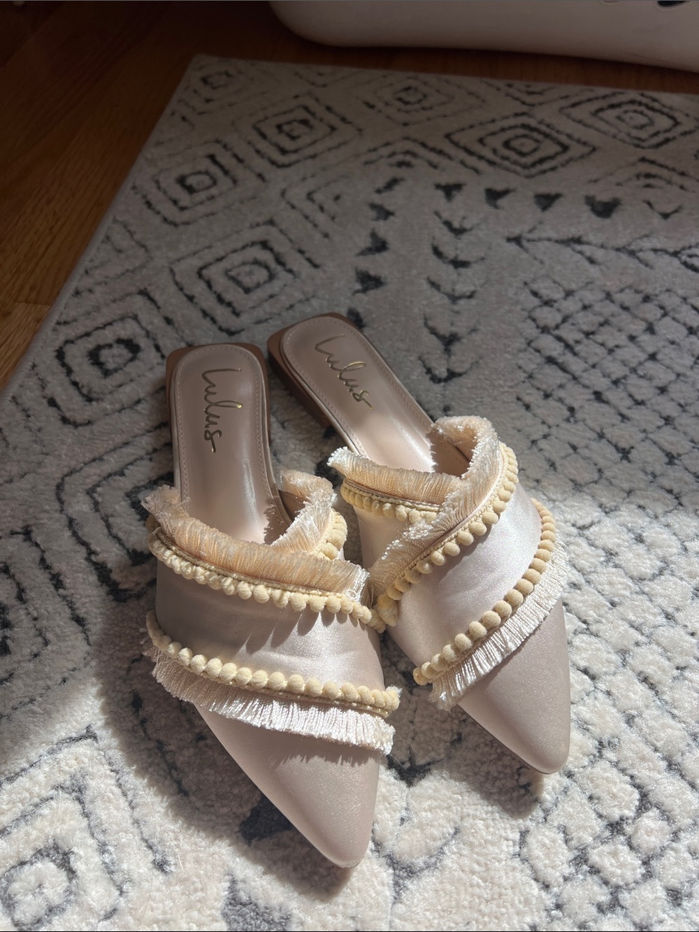 Lulu's Cream Fringe & Pom-Pom Pointed Toe Mules